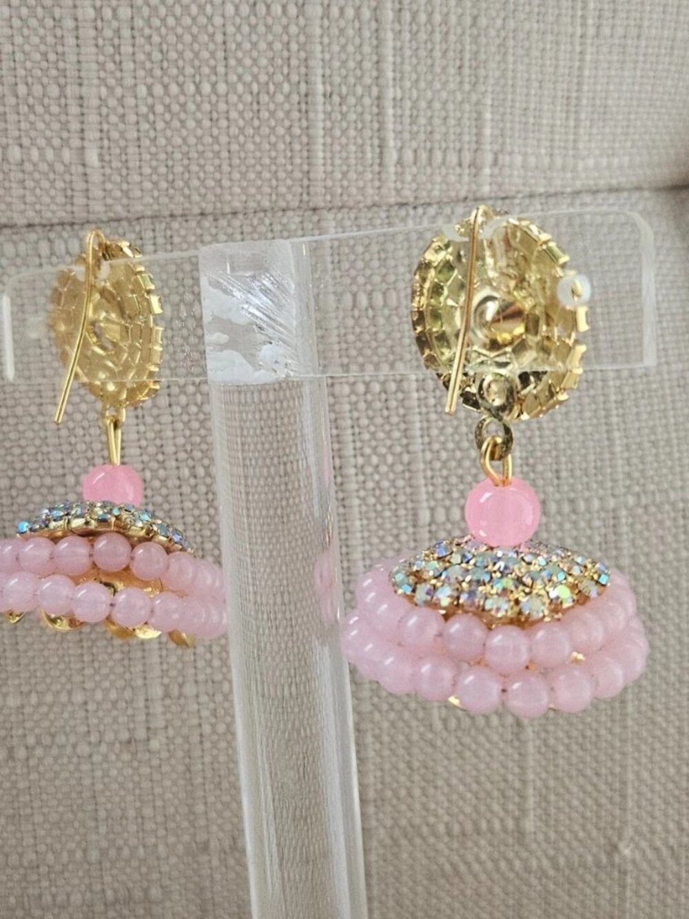 Fashion Earrings Pink Beads Chandelier Jhumka Traditional Pakistani Earrings - Picture 3 of 12